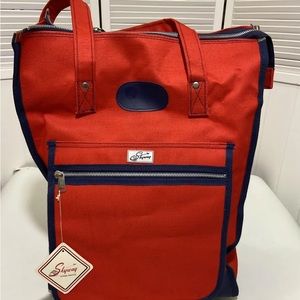 Vintage, red and navy blue, rolling wheels, canvas, tote bag for travelling